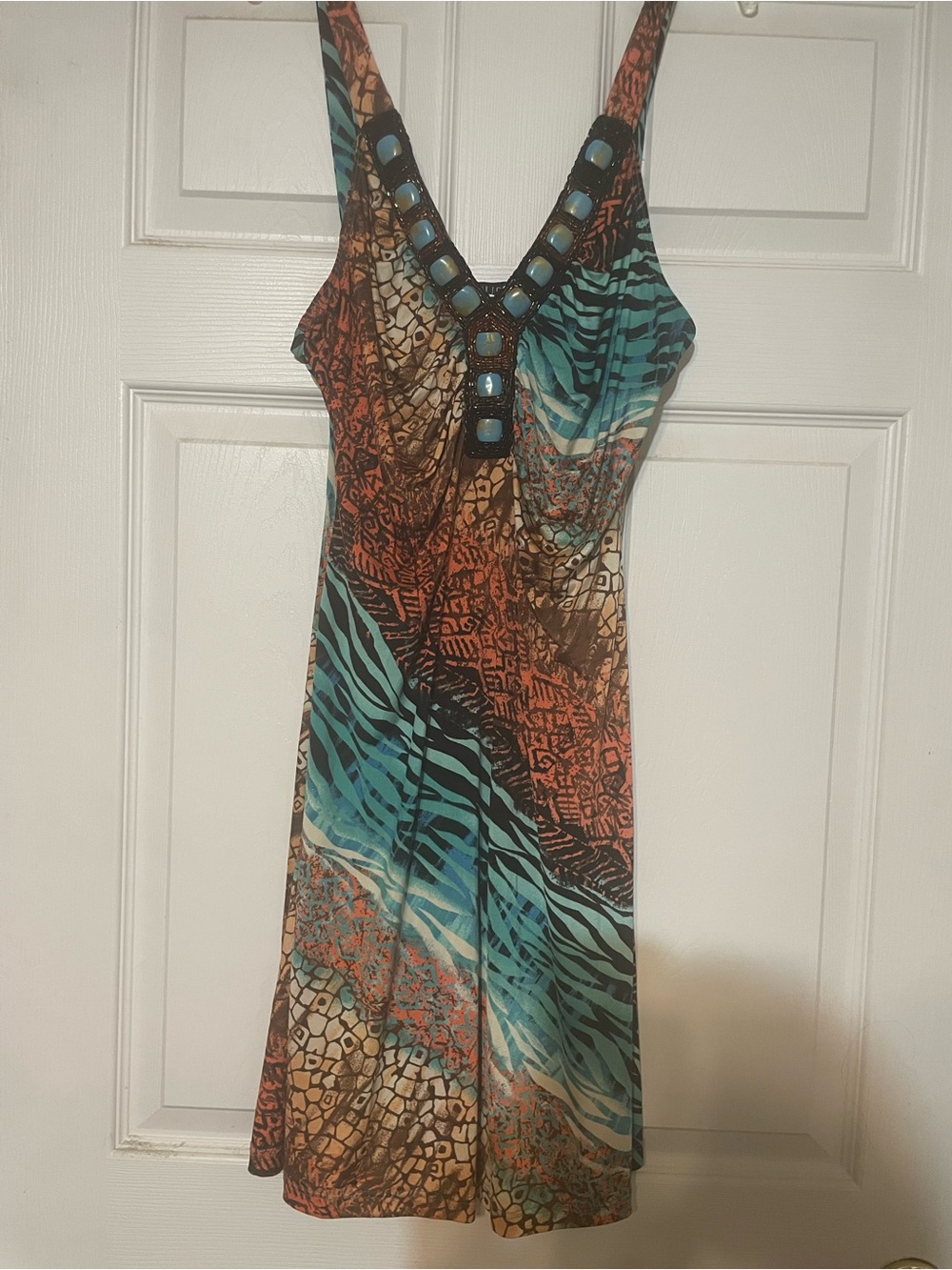 VENUS Blue and Brown Beaded V-Neck Mini Dress